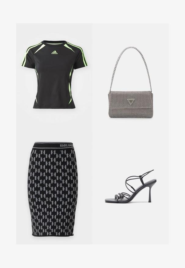 Melnā sporta t-krekls ar īsām piedurknēm, zaļiem akcentiem uz pleciem un sāniem, izgatavots no gludas, elastīgas materiāla.; Melnā adīto zīmuļu svārku, kas rotāta ar atkārtotu pelēku "KL" logotipa motīvu un melnu jostu ar zīmola nosaukumu "KARL LAGERFELD".; Melnas augstpapēžu sandales ar plāniem siksniņām un mezgla dizainu, gluda kvadrātveida purngalu un elegantu stiletto papēdi.; Gaiši pelēka metāla rokassoma ar ķēdes siksnu, rotāta ar mazām apaļām metāla kniedēm un trīsstūra zīmola logo.; Sudraba riņķveida auskari ar gludu, spīdīgu apdari. Apaļas formas, viegla dizaina, ar aizdari uz stieples.