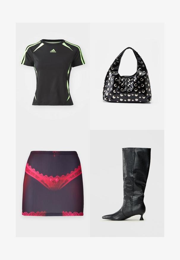 Tricou sportiv negru, cu mâneci scurte, detalii verzi pe umeri și laterale, fabricat dintr-un material neted și flexibil.; Fustă mini din țesătură neagră, cu dantelă roșie la marginea de sus și de jos, având un imprimeu grafic cu chiloți din dantelă roșie pe față.; Cizme negre din faux leather până la genunchi, cu o textură lucioasă de crocodil, vârf ascuțit și toc subțire, unghiular. Design clasic și siluetă elegantă.; Geantă din piele lacuită neagră, cu o formă rotundă, decorată cu ținte metalice argintii de dimensiuni variate și o curea lată pentru o purtare comodă.