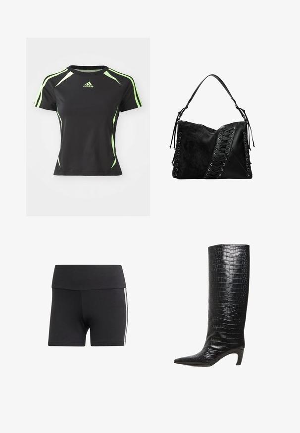 Czarny koszulka sportowa z krótkim rękawem, z zielonymi akcentami na ramionach i bokach, wykonana z gładkiego, elastycznego materiału.; Czarne sportowe szorty z szerokim pasem, wykonane z elastycznego materiału. Posiadają białe paski po bokach oraz dopasowany krój.; Czarne, sięgające za kolano botki z migdałowym noskiem, średniej wysokości wygiętym obcasem i błyszczącą skórą z tłoczeniem krokodylem.; Desigual - Torba na ramię