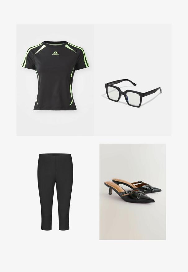 Maglietta sportiva nera con maniche corte, dettagli verdi sulle spalle e sui lati, realizzata in un materiale liscio e flessibile.; Leggings neri a vita alta realizzati in tessuto elasticizzato, con una finitura liscia e dettagli con zip laterali all'orlo per una maggiore funzionalità.; Tacchi slingback in pelle nera con punta affusolata, caratterizzati da fasce decorative e dettagli con occhielli, su un tacco a spillo modesto. Texture liscia.; Occhiali da sole neri con finitura opaca, dotati di lenti trasparenti e una leggera sfumatura blu su un lato. Design robusto e angolare.; PULL&BEAR SHOPPER - Shopping bag - grey