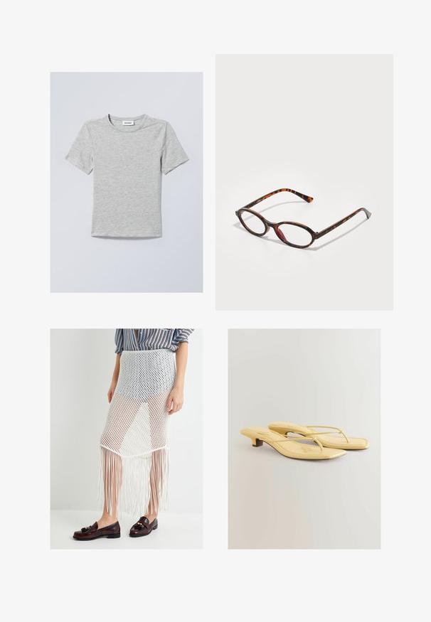 Light gray short-sleeve t-shirt made of soft fabric. Features a round neckline and simple, clean lines with no patterns or embellishments.; White mesh skirt with a fringe hem, featuring an open-knit design. Worn with brown loafers, showcasing a textured fabric and horizontal pattern.; Yellow patent leather heeled flip-flops with a pointed toe, thin straps, and a small block heel. Texture is smooth with stitching accents.; Tortoiseshell sunglasses with oval lenses, featuring a dark frame with light and dark brown patterns, and slender, curved temples.