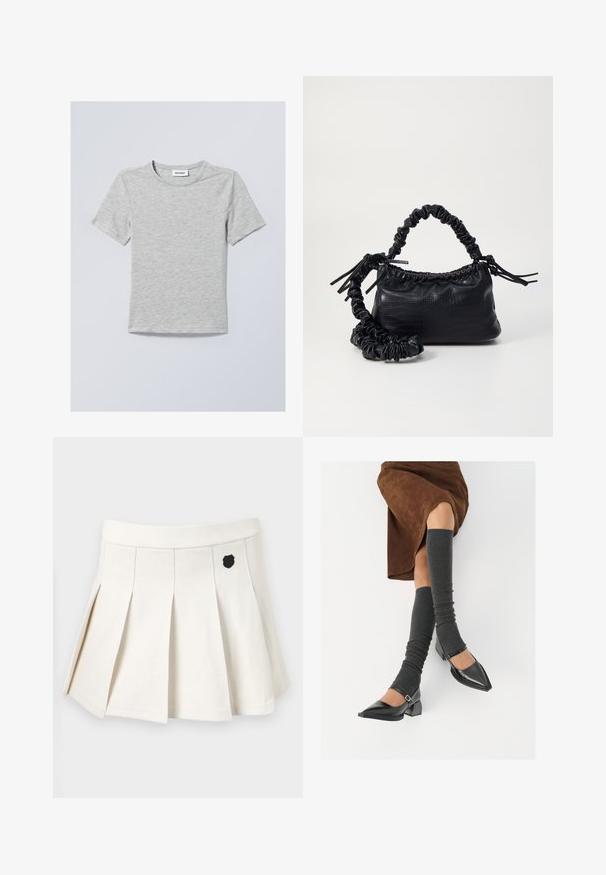 Gaiši pelēka īsām piedurknēm t-krekls, kas izgatavots no mīksta auduma. Tam ir apaļa kakla izgriezums un vienkāršas, tīras līnijas bez rakstiem vai rotājumiem.; Plisēta balta svārku izgatavota no kokvilnas un sintētisko šķiedru maisījuma, ar melnu emblēmu priekšpusē un elastīgu jostasvietu ērtai valkāšanai.; Melnas laka ādas apavi ar norādītu purngalu, blokveida papēdi un potīšu jostu, saskaņoti ar pelēkām ribotām kāju sildītājām un brūnu zamšādas svārku.; Melnā mākslīgās ādas rokassoma ar krokodila rakstu, savilkta augšdaļa un saburzīta siksna. Izskatās mīksta un kompakta pēc dizaina.