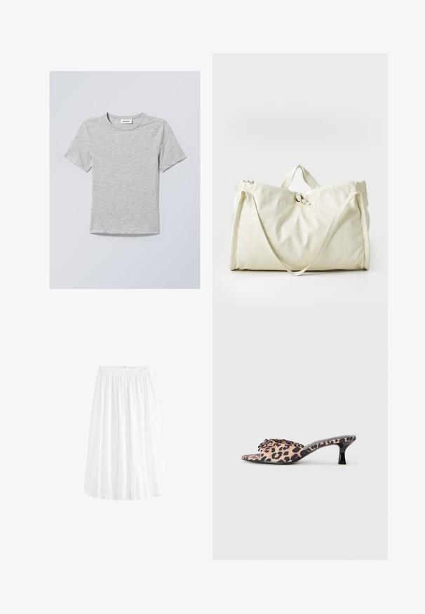 T-shirt grigio chiaro a maniche corte realizzato in un tessuto morbido. Presenta un colletto rotondo e linee semplici e pulite senza motivi o decorazioni.; Gonna bianca a lunghezza ginocchio con vita elastica arricciata e design fluido. Realizzata in tessuto leggero con una texture liscia.; Mule con stampa leopardata e tacco a stiletto nero basso. Parte superiore in tessuto morbido con dettaglio a nodo anteriormente e suola piatta e liscia.; Borsa tote sintetica bianca con una texture morbida, caratterizzata da doppi manici superiori, una chiusura centrale con cordoncino e dettagli di cucitura minimi.