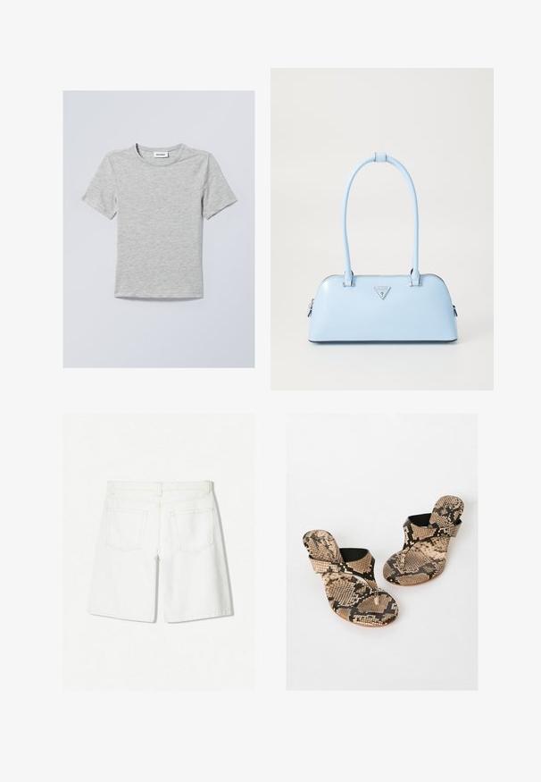 Svetlo siva majica s kratkimi rokavi iz mehkega blaga. Ima okroglo ovratnik in preproste, čiste linije brez vzorcev ali okraskov.; Beli denim kratke hlače s ravnim krojem, ki imajo visok pas, dva zadnja žepa in subtilne detajle šivanja.; Friends Like These T-sandali - snake print; Svijetloplavi ručni torbica s strukturiranim oblikom, glatkim kožnim materijalom, dvije ručke i trokutastim logotipom brenda na prednjoj strani. S zatvaračem.