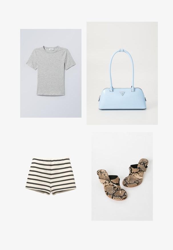Tricou scurt cu mânecă scurtă, de culoare gri deschis, confecționat dintr-un material moale. Dispune de un guler rotund și linii simple, curate, fără modele sau ornamentații.; Pantaloni scurți în dungi, de culoare bej deschis și gri închis, cu o țesătură texturată și un design ajustat. Finisați la tiv cu un material asortat.; Friends Like These Sandale cu baretă între degete - snake print; Geantă de mână bleu deschis, cu o formă structurată, din piele netedă, două mânere și un logo de brand triunghiular pe față. Închidere cu fermoar.