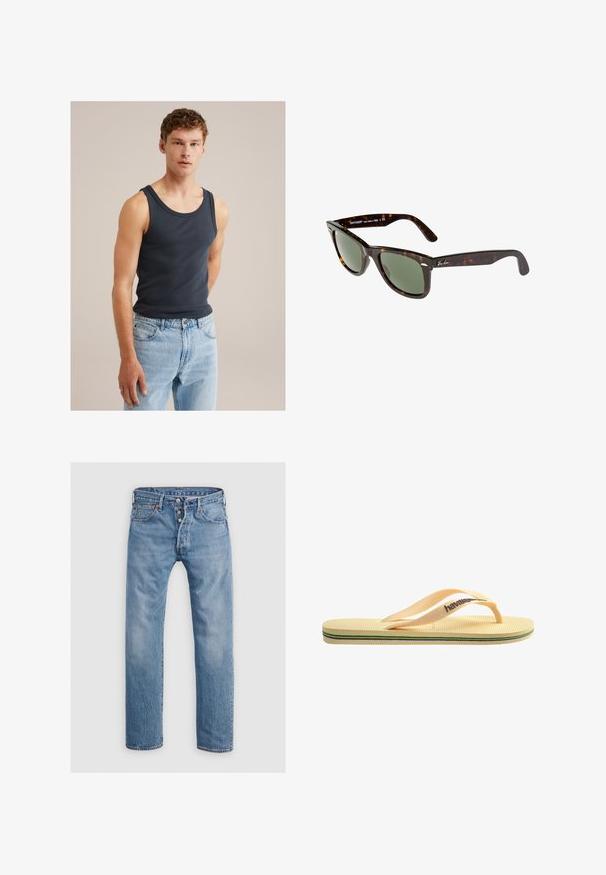 Giovane uomo con capelli corti e ricci, che indossa una maglietta senza maniche blu navy e jeans azzurri, su uno sfondo beige uniforme.; Jeans in denim blu chiaro con design a gamba dritta, cinque tasche e chiusura con bottone. Presentano un leggero sbiadimento e accenti di cucitura.; Infradito gialle in gomma con fondo testurizzato, strisce sottili e strisce multicolori lungo la suola. Logo del marchio sulla cinghia.; Occhiali da sole Wayfarer con montatura in plastica tartarugata scura, lenti verdi e logo Ray-Ban in argento sulla tempia.