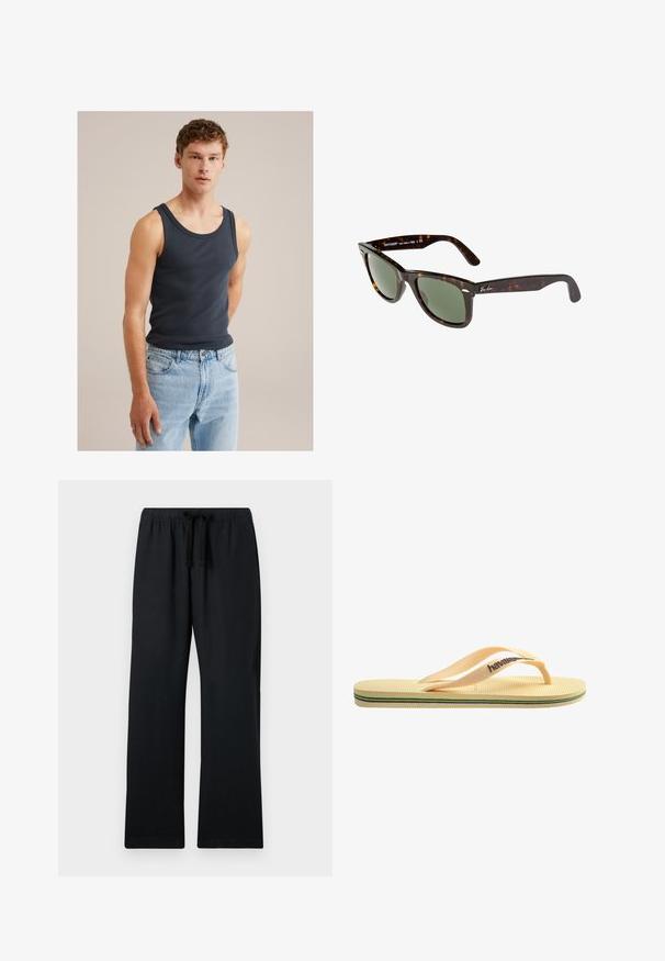 Ung mand med kort krøllet hår iført en marineblå ærmeløs trøje og lyseblå jeans foran en ensfarvet beige baggrund.; Sorte, løse bukser med elastisk talje og justerbar snor. Glat stof, lige ben-design og uden mønstre.; Gul gummichin med tekstureret sål, tynde stropper og multicolore striber langs sålen. Brandlogo på stropperne.; Wayfarer-solbriller med mørk skildpaddeplastikramme, grønne linser og sølvfarvet Ray-Ban-logo på stængerne.