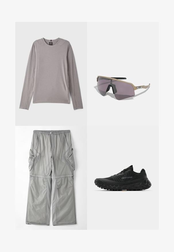 Grå langermet skjorte med rund hals, sideslitser og glatt, elastisk stoff. Minimalistisk design uten mønstre eller pynt.; Lysegrå, pustende bukser med elastisk midje, sidelommer og kontrasterende grå piping langs sømmene. Løs passform.; Svarte treningssko med teksturert overdel, forsterket hæl, buet såle og aggressivt mønster for godt grep. Merkbar bølgende designdetalj.; Oakley SUTRO LITE SWEEP UNISEX - Solbriller - prizm road black