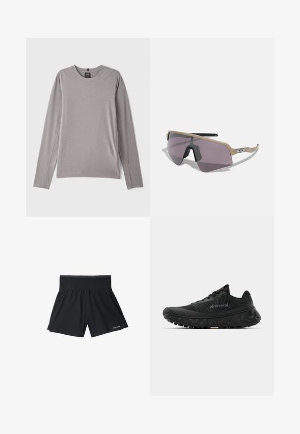 Hallimehe hall pikkade varrukatega särk, millel on ümardatud kaelus, külgslitsid ja sile, veniv kangas. Minimalistlik disain, ilma mustrite või kaunistusteta.; Mustad mustandid spordilühikesed püksid laia elastse vöökohtaga, millel on lõdva istuvuse ja diskreetne bränding alumises vasakus servas. Sile tekstuur.; Mustad mustreeritud pehmendusega mustad spordijalatsid, tugevdatud kand, kõver tallakujundus ja agressiivne talla muster haakumise tagamiseks. Silmatorkav laineline disain detail.; Oakley SUTRO LITE SWEEP UNISEX - Päikeseprillid - prizm road black