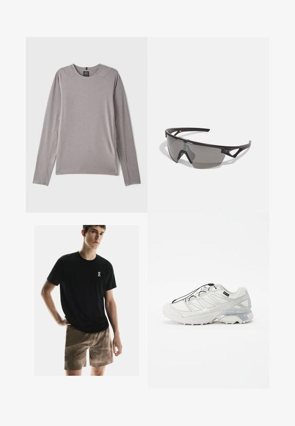Szara koszula z długim rękawem o okrągłym dekolcie, z bocznymi rozcięciami i gładkiego, elastycznego materiału. Minimalistyczny design bez wzorów czy ozdób.; On - Krótkie spodenki sportowe; Białe sportowe buty z teksturowaną siatkową cholewką, odblaskowymi akcentami i amortyzowaną podeszwą. Posiada elastyczne sznurowadła i szare detale.; Sportowe okulary przeciwsłoneczne z czarną oprawką, szarymi soczewkami, aerodynamicznym kształtem i kanciastą formą; mają wyraźnie zaznaczone zauszniki i mostek nosowy.