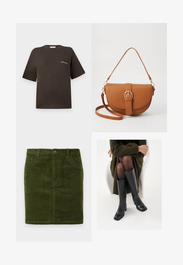Ruda medvilnės marškinėliai su trumpomis rankovėmis, laisva silueto forma, apvaliu iškirpimu, su nedideliu baltu siuvinėtumu kairiajame krūtinės kampe.; Tamsiai žalia kordūrojo sijonas tiesiu virkščiu, su penkių kišenių dizainu ir metaliniu mygtuko uždarymu juosmens srityje.; Juodos odinės pradžios ilgio bateliai su kvadratu formos nosimi ir bloko kulnu, demonstruojami su modeliu, sėdinčiu alyvuogių žalios spalvos švarku. Lygi tekstūra, minimalus puošimas.; Ruda odinė kryžminė rankinė, turinti kreivą formą, auksinius metalinius elementus ir sagtį. Yra nuimama petneša.