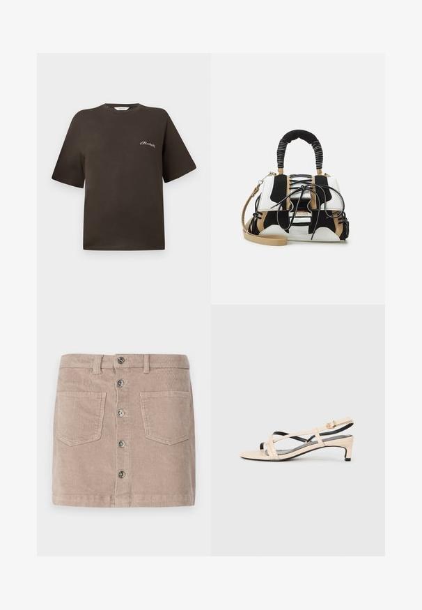 T-shirt en coton marron avec des manches courtes, coupe décontractée, col rond, présentant un petit texte brodé blanc sur la poitrine gauche.; ONLY ONLAMAZING HW LIFE PNT N - Minijupe - goat; Sandale à talon bas en cuir beige avec des lanières croisées et des accents noirs. Texture lisse et design minimaliste.; Sac à main multicolore en maille noire, blanche et beige. Présente une poignée texturée, un design à lacets et une bandoulière amovible.