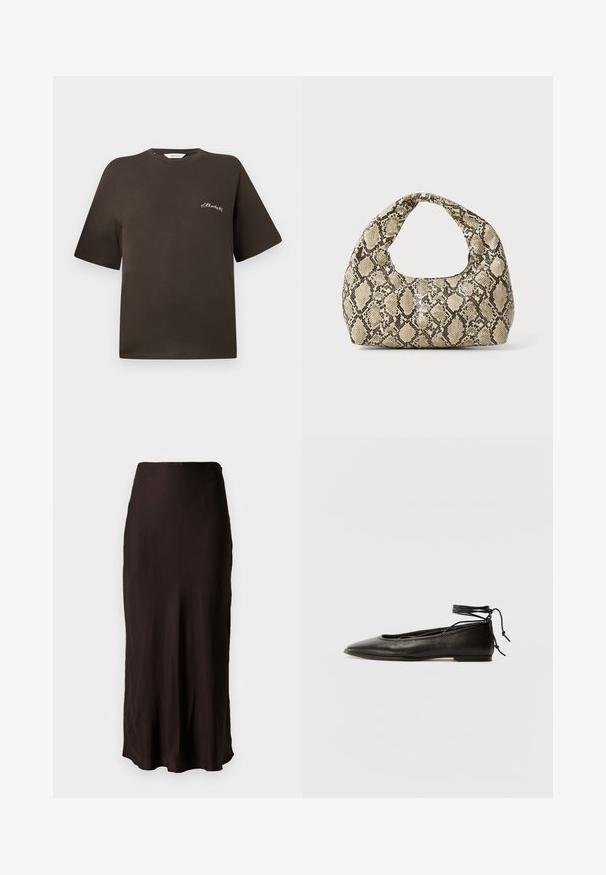 Hnědé bavlněné tričko s krátkým rukávem, volný střih, kulatý výstřih, s malým bílým vyšitým textem na levé straně hrudi.; Černá, středně dlouhá sukně vyrobená z hladkého, lehkého materiálu se rovnými liniemi a bočním rozparkem. Má jednoduchý pásek v pase.; Černé kožené baletky s špičatou špičkou, vázáním na kotníku a plochou podrážkou, s hladkým povrchem a minimalistickým designem.; Kabelka s hadím vzorem a zakřiveným držadlem. Vyrobena z texturovaných béžových a hnědých materiálů, s charakteristickým diamantovým vzorem.