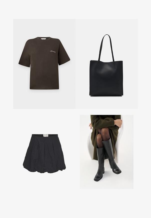 Καφέ βαμβακερό t-shirt με κοντά μανίκια, άνετη εφαρμογή, στρογγυλή λαιμόκοψη, με ένα μικρό λευκό κεντημένο κείμενο στην αριστερή πλευρά του στήθους.; Μαύρη πλισέ φούστα με δομημένο, στρογγυλό σχήμα. Φτιαγμένη από ελαφρύ ύφασμα με λεία υφή, με ετικέτα στη ζώνη "AWARE."; Μαύρες δερμάτινες μπότες έως το γόνατο με τετράγωνη μύτη και τετράγωνο τακούνι, παρουσιασμένες με ένα μοντέλο καθιστό σε ένα ελαιόλαδο πράσινο παλτό. Λείος υφής, ελάχιστη λεπτομέρεια.; Μαύρη δερμάτινη τσάντα tote με λείο υφή, ορθογώνιο σχήμα και δύο μακριές λαβές. Χωρίς ορατό υλικό ή διακοσμητικά στοιχεία.