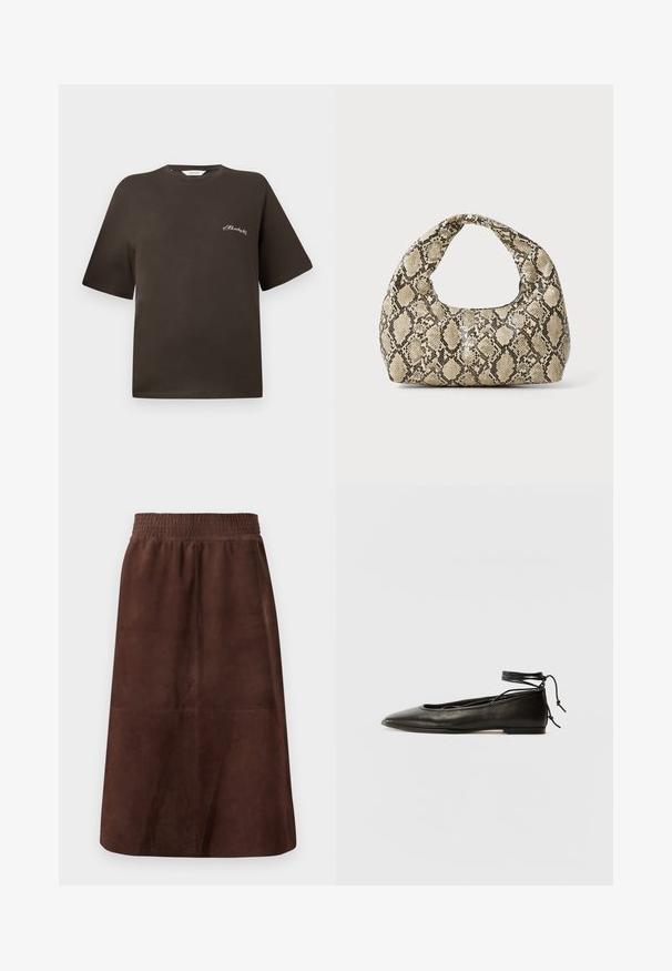 Barna pamut póló rövid ujjakkal, enyhén bő szabással, kerek nyakkivágással, bal mellrészen egy kis fehér hímzett szöveggel.; Barna velúr szoknya rugalmas derékkal, A-vonalú fazon, sima textúrával, látható minták vagy fém részek nélkül.; Fekete bőr balettcipők hegyes orral, bokakötővel és lapos talppal, sima textúrával és minimalista dizájnnal.; Kígyómintás kézitáska ívelt fogantyúval. Texturált, bézs és barna anyagból készült, jellegzetes gyémántmintával.
