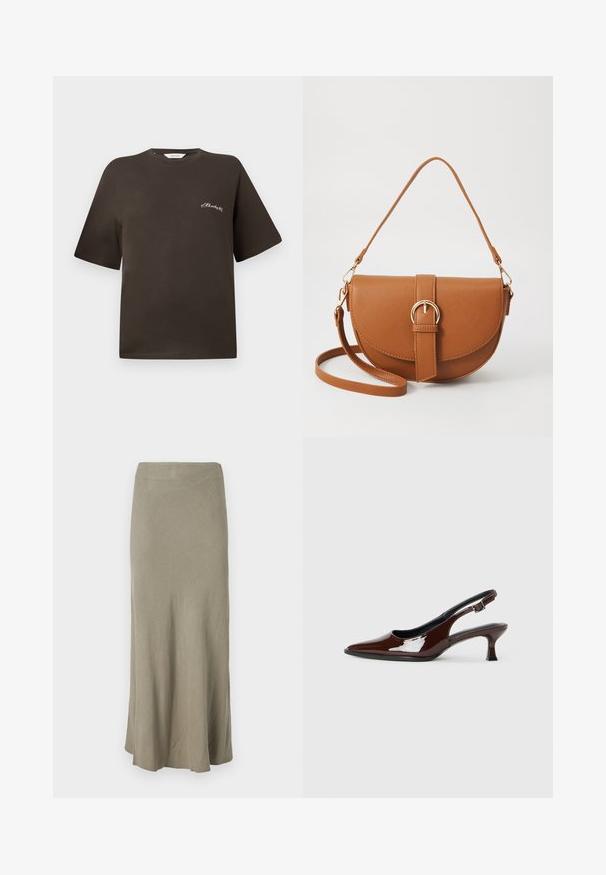 Hnedé bavlnené tričko s krátkymi rukávmi, voľný strih, okrúhly výstrih, s malým bielym vyšitým textom na ľavej hrudi.; Sukňa po kolená, rovného strihu, vyrobená z jemnej, ľahkej látky v tlmenej olivovo zelenej farbe s jemnou textúrou a bez viditeľných zapínaní.; Hnedá lakovaná slingback obuv s špicatou špičkou a mierne vysokým opätkom. Obsahuje pracku pre bezpečné upevnenie. Hladká textúra.; Hnedá kožená kabelka cez telo s zakriveným tvarom, zlatými kovovými doplnkami a akcentom s prackou. Obsahuje odnímateľný ramenný popruh.