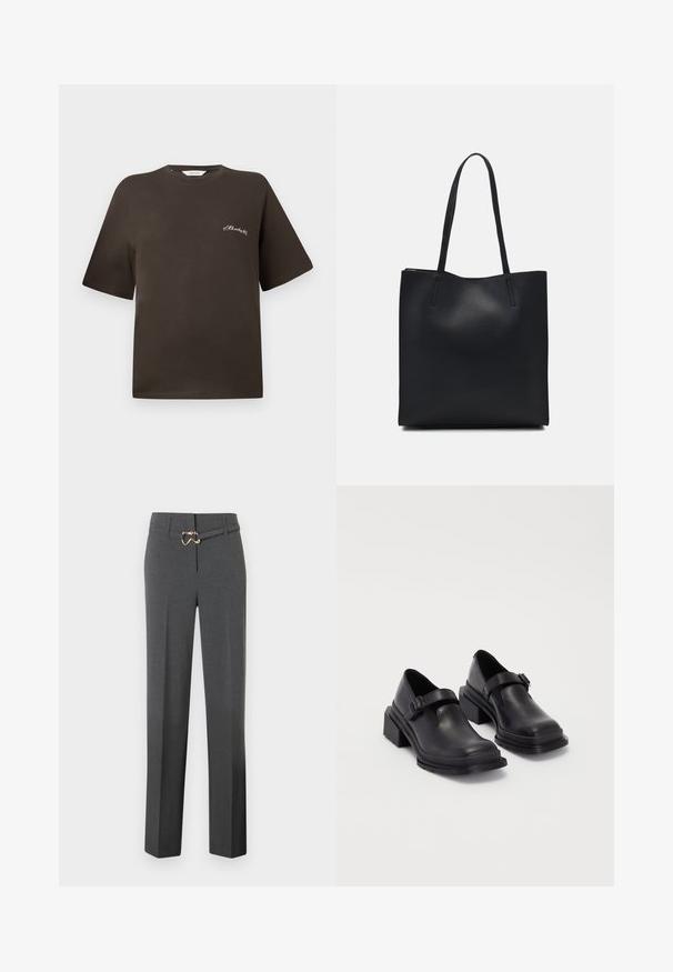 Camiseta de algodão castanha com mangas curtas, corte relaxado, decote redondo, apresentando um pequeno texto bordado em branco no lado esquerdo do peito.; Calças femininas ajustadas em cinza escuro com pernas retas e um cinto fino coincidente com uma fivela em tom dourado.; Sapatos de couro pretos com um bico redondo, sola plana e uma fita com detalhe de fivela. Salto bloco robusto para maior estabilidade.; Bolsa tote preta em couro com textura lisa, forma retangular e duas alças longas. Sem hardware ou enfeites visíveis.