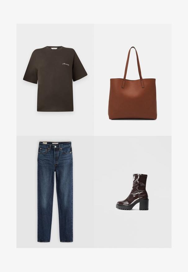 Camiseta de algodão castanha com mangas curtas, corte relaxado, decote redondo, apresentando um pequeno texto bordado em branco no lado esquerdo do peito.; Fatos de ganga azul-escuro com pernas retas, cinco bolsos, fecho de botão e zíper, e costura em contraste.; Bota de tornozelo burgundy brilhante com um salto preto robusto, apresentando uma textura suave e um design simples. Sem fechos ou padrões visíveis.; Bolsa tote de couro castanho com uma textura suave, design de abertura superior e duas alças para o ombro. Apresenta costura mínima e sem hardware visível.
