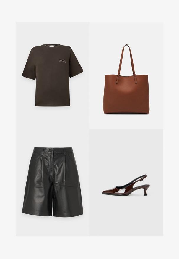 Hnědé bavlněné tričko s krátkým rukávem, volný střih, kulatý výstřih, s malým bílým vyšitým textem na levé straně hrudi.; Černé kožené šortky s hladkou texturou, s předním zapínáním na knoflík, dvěma kapsami a upraveným rovně střiženým designem.; Hnědé lakované kožené slingback boty s špičatou špičkou a mírným podpatkem. Disponují přezkou pro bezpečné upevnění. Hladký povrch.; Hnědá kožená taška přes rameno s hladkou texturou, otevřeným designem a dvěma ramenními popruhy. Obsahuje minimální švy a žádné viditelné kovové prvky.