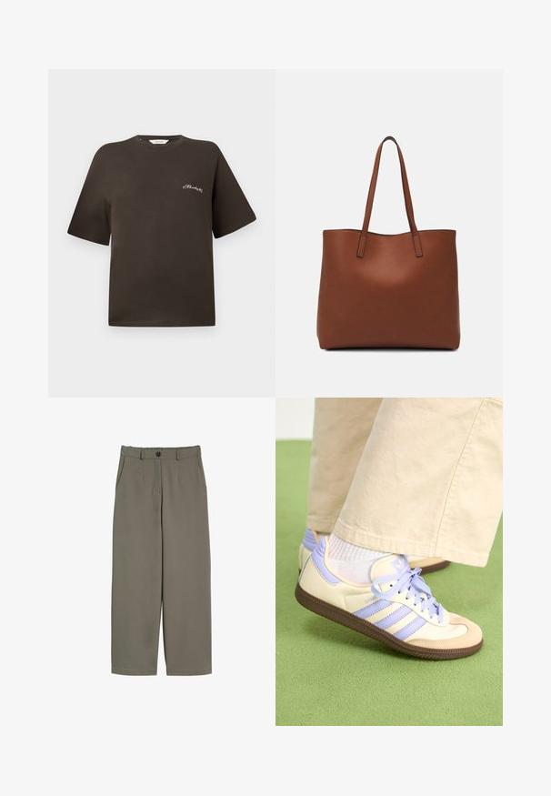 Brun bomulds t-shirt med korte ærmer, afslappet pasform, rund halsudskæring, med en lille hvid broderet tekst på venstre bryst.; Bredde ben bukser i olivengrønt stof med knaplukning, frontlommer og en glat, let struktureret overflade.; Creme og lavendel sneakers med tre striber og en tekstureret brun sål, der har snørebånd og en polstret hæl. Blødt stof øvre.; Brun læder tote taske med en glat overflade, åben topdesign og to skulderremme. Har minimal syning og ingen synlig hardware.