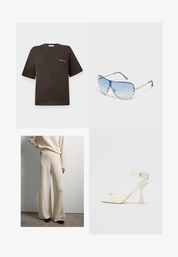T-shirt in cotone marrone con maniche corte, vestibilità rilassata, scollo rotondo, caratterizzato da un piccolo testo ricamato bianco sul lato sinistro del petto.; Pantaloni a gamba larga in morbido tessuto di maglia bianco, a vita alta con una texture liscia, con vita e polsini a costine. Abbinati a scarpe scure.; Sandalo con tacco alto e fasce in pelle bianca, dal design elegante, con un tacco a blocco trasparente e un elemento decorativo sulla punta.; Occhiali da sole aviator con lenti blu sfumate, montatura in metallo argentato e decorazioni a forma di stella sulle lenti. Design liscio e sofisticato.