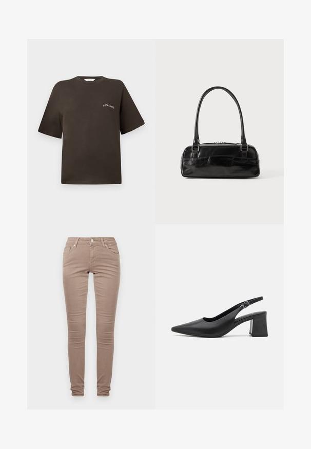 T-shirt in cotone marrone con maniche corte, vestibilità rilassata, scollo rotondo, caratterizzato da un piccolo testo ricamato bianco sul lato sinistro del petto.; Pantaloni skinny in un tessuto marrone chiaro, con un classico design a cinque tasche, zip frontale e una finitura leggermente strutturata.; Scarpa con tacco slingback in pelle nera, con punta appuntita e tacco a blocco chunky. Presenta una tracolla regolabile con fibbia in metallo.; Borsa a mano in pelle nera con forma rettangolare, dotata di un manico strutturato singolo, con hardware argentato e chiusura con zip. Texture liscia.