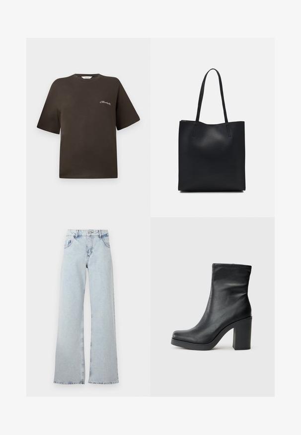 Ruda medvilnės marškinėliai su trumpomis rankovėmis, laisva silueto forma, apvaliu iškirpimu, su nedideliu baltu siuvinėtumu kairiajame krūtinės kampe.; Šviesiai mėlynos plačios kojų džinsai, pagaminti iš denimo, su aukštu liemeniu, diržo kilpom, penkiais kišenėmis ir išblukusiomis vietomis, kad atrodytų vintage.; Juodos odinės kulkšninių batų su aukštu blokuotu kulnu, lygia tekstūra, prigludusia siluetu ir siūlėmis apipjaustymu viršuje.; Juodas odinis tote krepšys su lygia tekstūra, stačiakampio formos ir dviem ilgais rankenomis. Matomų metalinių detalių ar puošybos nėra.