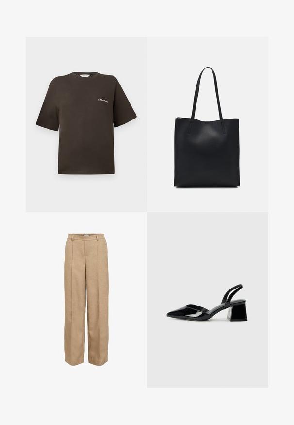 Bruine katoenen t-shirt met korte mouwen, ontspannen pasvorm, ronde halslijn, voorzien van een klein wit geborduurd tekst op de linkerborst.; Beige wijde broek van textuurstof. Voorzien van een elastische tailleband en twee voorplooien voor extra stijl.; Zwarte gepatineerde leren slingback hakken met een spitse neus en een geometrische blokhak. Kenmerkt zich door een slank, minimalistisch ontwerp en een gladde textuur.; Zwarte leren handtas met een gladde textuur, rechthoekige vorm en twee lange handvaten. Geen zichtbare hardware of versieringen.
