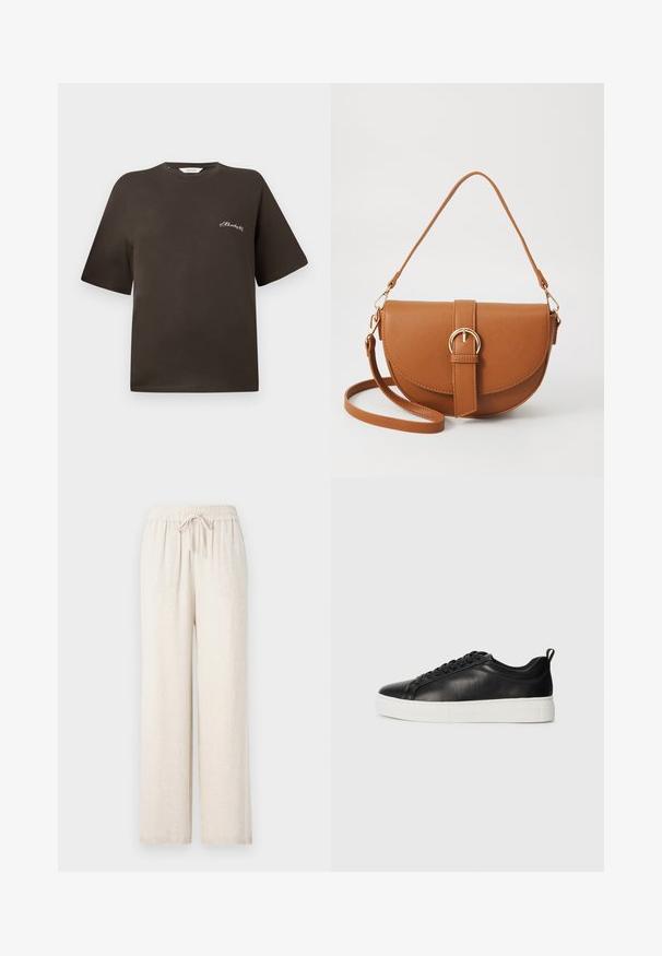 T-shirt en coton marron avec des manches courtes, coupe décontractée, col rond, présentant un petit texte brodé blanc sur la poitrine gauche.; Pantalons larges beige clair, fabriqués à partir d'un matériau doux et texturé. Dotés d'une taille élastique avec un cordon de serrage pour un ajustement.; Baskets en cuir noir à tige basse avec des lacets noirs et une épaisse semelle en caoutchouc blanc, vues de l'extérieur sur un fond blanc.; Sac bandoulière en cuir marron avec une forme incurvée, quincaillerie dorée et un accent en boucle. Comprend une bandoulière détachable.