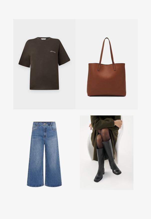 Smeđa pamuk majica s kratkim rukavima, opuštenog kroja, okruglog izreza, sa malim bijelim vezivom na lijevoj strani prsnog dijela.; Široke plave traperice s visokim strukom, s kopčanjem na gumb, pet džepova i suptilnim izblijedjenjem. Šivani rub s klasičnim dizajnom.; Čizme od crne kože do koljena sa četvrtastim vrhom i blok petom, prikazane s manekenkom koja sjedi u maslinasto zelenom kaputu. Glatka tekstura, minimalni detalji.; Smeđa kožna torba preko ramena s glatkom teksturom, otvorenim vrhom i dvjema naramenicama. Ima minimalne šavove i nema vidljivog hardvera.
