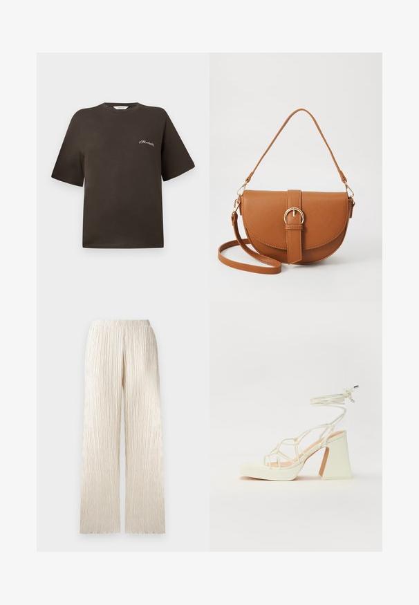 Barna pamut póló rövid ujjakkal, enyhén bő szabással, kerek nyakkivágással, bal mellrészen egy kis fehér hímzett szöveggel.; Krém színű, bő szárú nadrág texturált, redős kialakítással és rugalmas derékkal. Egyenes szabás, lágy, áramló megjelenéssel.; Fehér, magassarkú szandál vastag sarokkal, pántos dizájnnal és bokapánttal. Sima textúra, elülső platformmal a megnövelt magasság érdekében.; Barna bőr keresztbody táska ívelt formával, aranyszínű fémrészekkel és csat díszítéssel. Levehető vállpánttal rendelkezik.