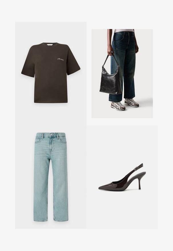Camiseta de algodão castanha com mangas curtas, corte relaxado, decote redondo, apresentando um pequeno texto bordado em branco no lado esquerdo do peito.; Jeans de perna larga azul claro feitos de denim, apresentando um clássico design de cinco bolsos, linhas limpas e uma cintura regular com fecho de botão.; Sapato de salto alto tipo slingback em verniz castanho escuro brilhante, com bico apontado, laterais abertas e tira ajustável ao tornozelo.; Bolsa de ombro em couro preto com textura suave e alça ajustável, combinada com jeans de perna larga desbotados e ténis desportivos.