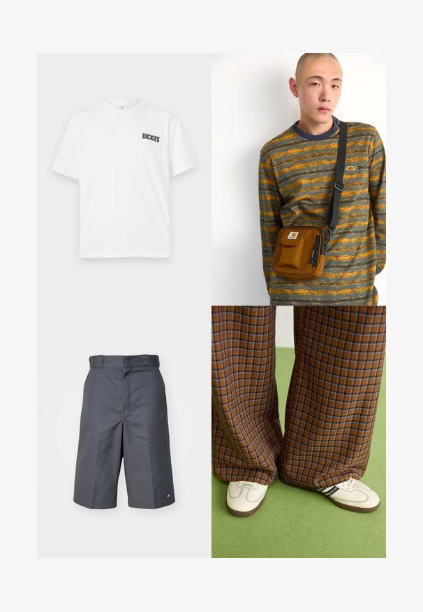 Hvid kortærmet t-shirt lavet af bomuld. Har en rund halsudskæring og et lille sort "DICKIES" logo på venstre brystområde.; Grå shorts lavet af slidstærkt stof, med lige snit, to sidelommer og et lille logo på baglommen.; Brune og blå ternede brede benbukser parret med hvide sko med sorte accenter og strukturerede såler, sat mod en grøn baggrund.; Brun stof crossover taske med lynlås og frontlomme; båret over en grå og orange stribet langærmet skjorte med logo-patch.