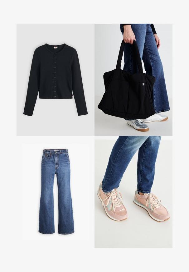 Črn rebrast kardigan z okroglim izrezom, z dolgimi rokavi in vrsto šestih gumbov spredaj. Mehka tekstura, skrajšana dolžina.; Visoko pasu modri jeans z širokimi nogavicami, z sprednjim žepom, zapiranjem na medeninasti gumb in kontrastnim šivom.; Roza teniske iz semiša in usnja, ki imajo svetlo modre detajle, zaobljen nos in bele gumijaste podplate. Šnure so bež.; Črna platnena torba s puhastim dizajnom, z dvema močnima ročajema in majhnim logotipom na sprednji strani, ki jo drži oseba v džinsih.