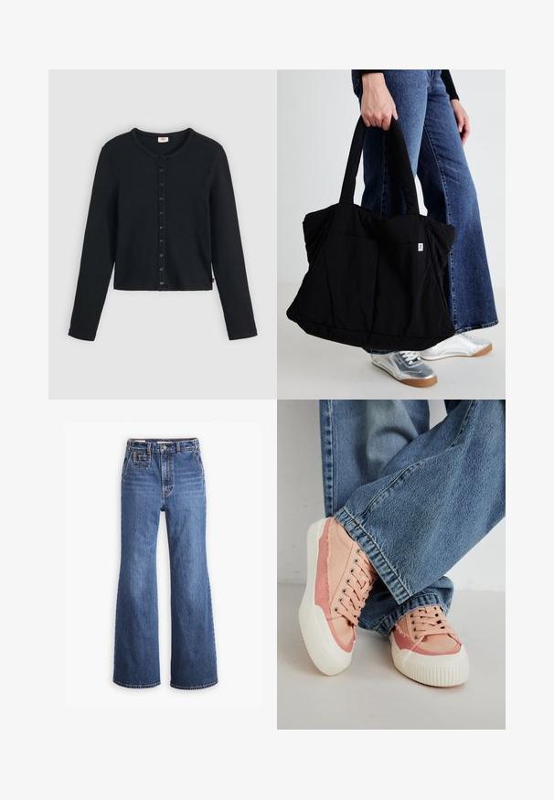 Black ribbed cardigan with a round neckline, featuring long sleeves and a row of six buttons down the front. Soft texture, cropped length.; High-waisted blue denim jeans with a wide-leg design, featuring a front pocket, brass button closure, and contrast stitching.; Pink canvas sneakers with white rubber soles, featuring round lace-up eyelets and frayed detailing, paired with blue wide-leg jeans.; Black fabric tote bag with a puffy design, two sturdy handles, and a small logo patch on the front, held by a person in denim.