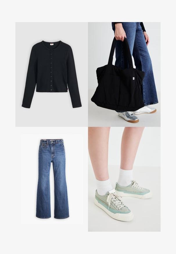 Must soonikujuline kardigan ümarate kaelusega, pika varruka ja kuue nööbirea eest. Pehme tekstuur, lühendatud pikkus.; Kõrge vöökohaga sinised teksad, millel on lai sääremood, ees tasku, messingist nupu lukustus ning kontrastne õmblus.; Heledad tumedad hallid sneaks, mille tekstuuriga hall-pruun aktsent, valged paelad ja ribaga elevandiluust talla, kantud valgete sokkidega. Lame, madala tipus disain.; Mustmust kott mustast kangast, millel on paks disain, kaks tugevamat käepidet ja väike logoplekk ees, mida hoiab kinni inimene teksades.