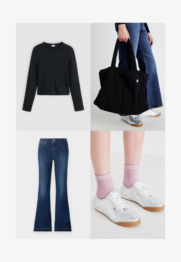Black ribbed cardigan with a round neckline, featuring long sleeves and a row of six buttons down the front. Soft texture, cropped length.; Flared denim jeans in dark blue, featuring front pockets, metal buttons, and subtle stitching details. Cotton fabric with a smooth texture.; Silver athletic shoes with white accents and gum rubber soles, paired with ribbed pink socks, showcasing a low-profile design.; Black fabric tote bag with a puffy design, two sturdy handles, and a small logo patch on the front, held by a person in denim.