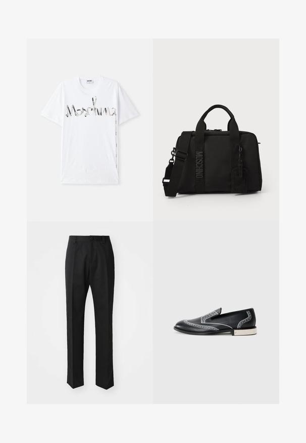 T-shirt en coton blanc avec un logo graphique en noir et argent ressemblant à un ruban. Manches courtes et design à col rond.; Pantalons noirs en tissu lisse, avec un design à jambe droite, une fermeture à bouton à l'avant et une silhouette classique et épurée.; Mocassins en cuir noir avec des coutures décoratives blanches et un accent métallique au talon, présentant une texture lisse et une silhouette épurée.; Sac en textile noir avec double poignées et bandoulière amovible. Présente un logo en relief et une étiquette en cuir. Texture lisse, forme rectangulaire.