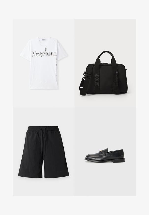 T-shirt de algodão branca com um logotipo gráfico em preto e prata que se assemelha a uma fita. Mangas curtas e design de decote redondo.; Calções pretos feitos de um tecido leve com uma superfície texturizada, apresentando uma cintura elástica e cordões para ajuste.; Os mocassins de couro negro apresentam uma biqueira arredondada, detalhes costurados e um pequeno destaque dourado na frente. A sola é plana e discreta.; Saco têxtil preto com alças duplas e alça de ombro destacável. Apresenta logotipo em relevo e etiqueta de couro. Textura suave, formato retangular.