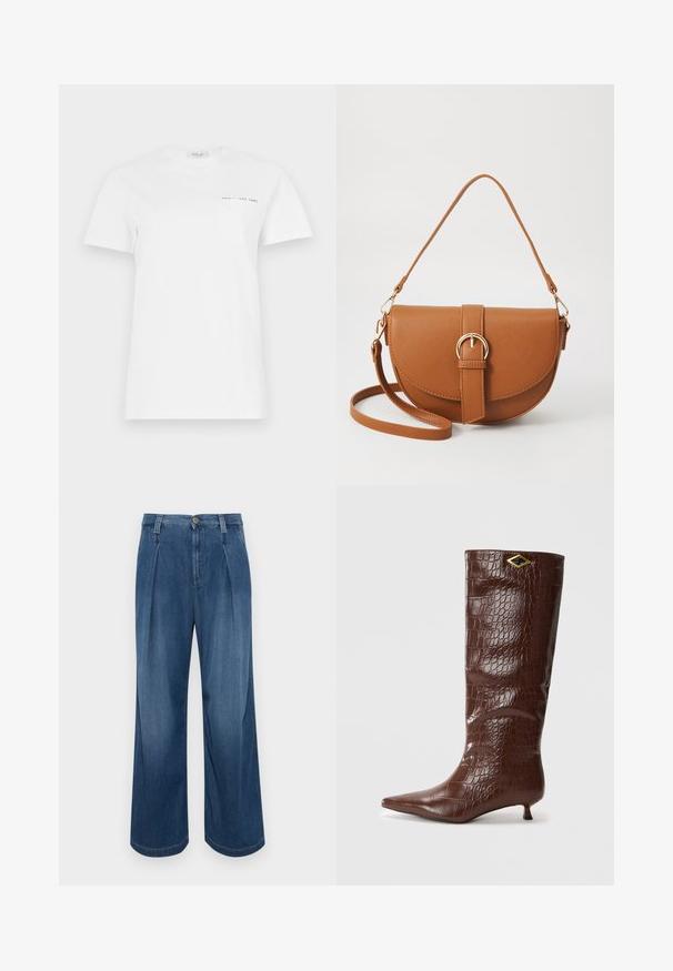Tricou alb din bumbac cu guler rotund, mâneci scurte și un buzunar pe partea stângă a pieptului. Prezintă o mică imprimare neagră cu textul "REPLAY EST 1981."; Pantaloni din denim cu picioare largi, în nuanță de albastru mediu. Include închidere cu nasture, două pliuri frontale și cusături contrastante. Textură moale și finisaj neted.; Cizme din piele cu model de crocodil, de culoare maronie, până la genunchi, cu vârf ascuțit și toc mic, pătrat. Prezintă un accent auriu în formă de diamant.; Geantă din piele maro, tip crossbody, cu o formă curbată, accesorii aurii și un accent cu cataramă. Dispune de un curea de umăr detașabilă.