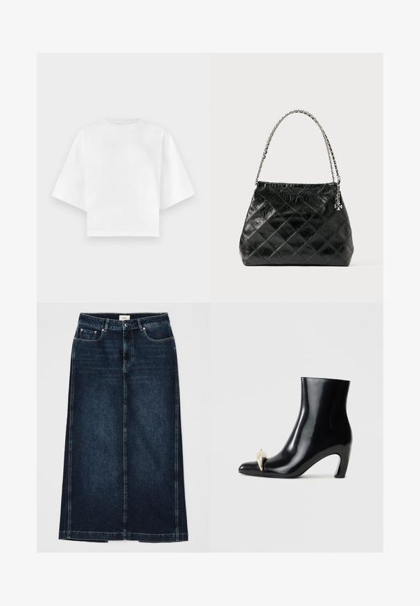 Bílé oříznuté tričko z bavlny s krátkými rukávy, kulatým výstřihem a minimálními švy. Hladká textura.; Tmavě modrá džínová sukně rovného střihu, ke kolenům. Obsahuje přední kapsy, zipové zapínání a jemné prošívání podél švů.; Černé kotníkové boty vyrobené z lesklé kůže, s špičatou špičkou a dekorativním zlatým a stříbrným akcentem na přední straně. Design s blokovým podpatkem.; Černá prošívaná kožená kabelka se stříbrným řetízkovým uchytem, s výrazným tvarem a hladkou texturou.