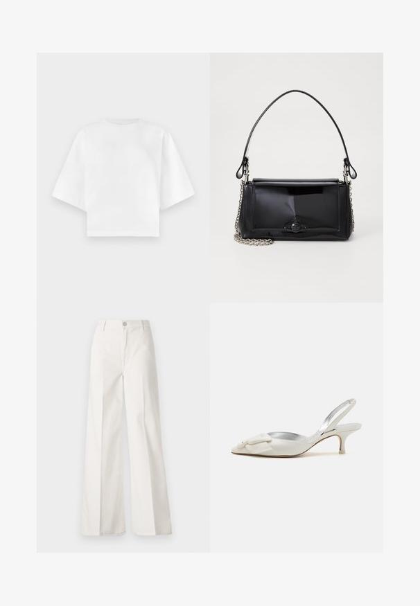 Bela krajšana majica z bombaža, s kratkimi rokavi, okrolim izrezom in minimalnimi šivi. Gladek teksture.; Bele široke hlače iz bombaža z gladko teksturo. Imajo gumb spredaj, zadrgo in zasnovo z štirimi žepi.; Beli sandali z odprtim peta in koničastim prstom, okrašeni z dekorativno pentljo, srebrno obrobo in majhno konično peto. Gladek usnjen videz.; Črna lakirana usnjena torbica pravokotne oblike, s verižnim trakom in značilnim kovinskim detajlom na sredini. Gladka textura.