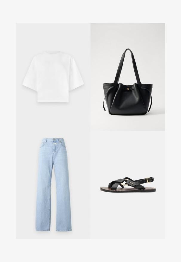 White cropped t-shirt made of cotton, featuring short sleeves, a round neckline, and minimal stitching details. Smooth texture.; Light blue wide-leg jeans made of denim; features a five-pocket design, front button closure, and subtle fading on the fabric.; Black leather sandal featuring crisscross straps and a gold-tone circular accent. Flat sole with a buckle closure at the ankle.; Black leather tote bag with two long straps, a cinched top, and a gold circular accent. Smooth texture with a minimalist design.