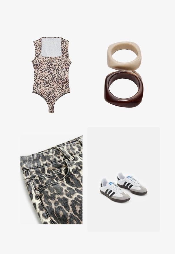 Body en imprimé léopard avec un col arrondi, sans manches, en tissu doux, et fermeture à pression en bas. La palette de couleurs comprend beige et noir.; Jean imprimé animal avec un motif beige et noir, fabriqué en denim avec une finition texturée, agrémenté d'accastillage et de coutures en argent.; Baskets avec une tige en cuir blanc, un bout en daim gris et trois bandes noires. Présente un logo bleu sur la languette et une semelle en caoutchouc texturée.; Stradivarius SET - Bracelet - dark brown