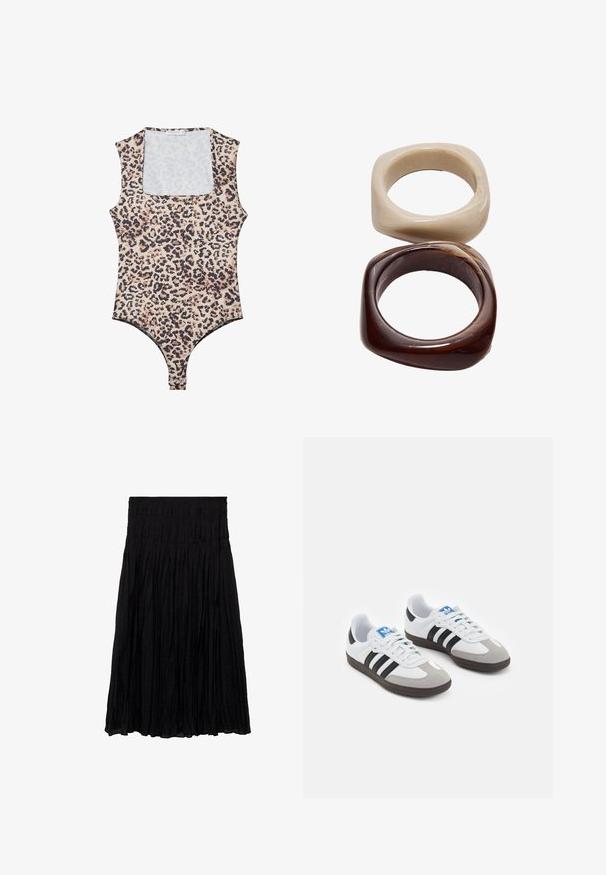 Bodysuit kuosi leopard dengan leher bulat, tanpa lengan, fabric lembut, dan penutupan snap di bagian bawah. Palet warna termasuk beige dan hitam.; Musta laskostettu hame, jossa on teksturoitu pinta, elastisella vyötäröllä mukavuutta varten ja ilmava, polven pituinen muotoilu.; Urheilukengät, joissa on valkoinen nahkainen päällinen, harmaa mokkanokka ja kolme mustaa raitaa. Ominaisuuksina sininen logo kielekkeessä ja kuvioitu kumipohja.; Stradivarius SET - Rannekoru - dark brown