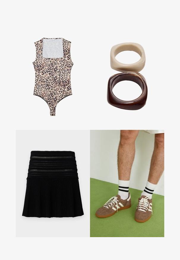 Body s leopardím vzorom s výstrihom, bezrukávový design, mäkká látka a zapínanie na patentky na spodnej časti. Farebná paleta obsahuje béžovú a čiernu.; Čierna plisovaná sukňa s textúrovaným rebrovaným dizajnom. Obsahuje horizontálne pásy okolo pása s výrezmi. Krátka dĺžka.; Hnedé zamatové tenisky s bielymi akcentmi a šnúrkami. Gumová podrážka. Nosené s bielymi ponožkami so čiernymi pruhmi. Zelená textúrovaná podlaha.; Stradivarius SET - Náramok - dark brown