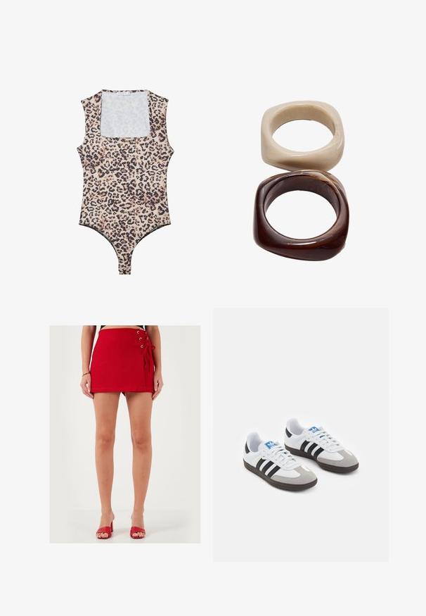 Bodysuit kuosi leopard dengan leher bulat, tanpa lengan, fabric lembut, dan penutupan snap di bagian bawah. Palet warna termasuk beige dan hitam.; Punainen minihame, joka on tehty pehmeästä kankaasta ja jonka sivuilla on nauhakiinnitys metallisine rei'illä. Suora leikkaus ja sileä pinta, käytetään punaisilla korkokengillä.; Urheilukengät, joissa on valkoinen nahkainen päällinen, harmaa mokkanokka ja kolme mustaa raitaa. Ominaisuuksina sininen logo kielekkeessä ja kuvioitu kumipohja.; Stradivarius SET - Rannekoru - dark brown