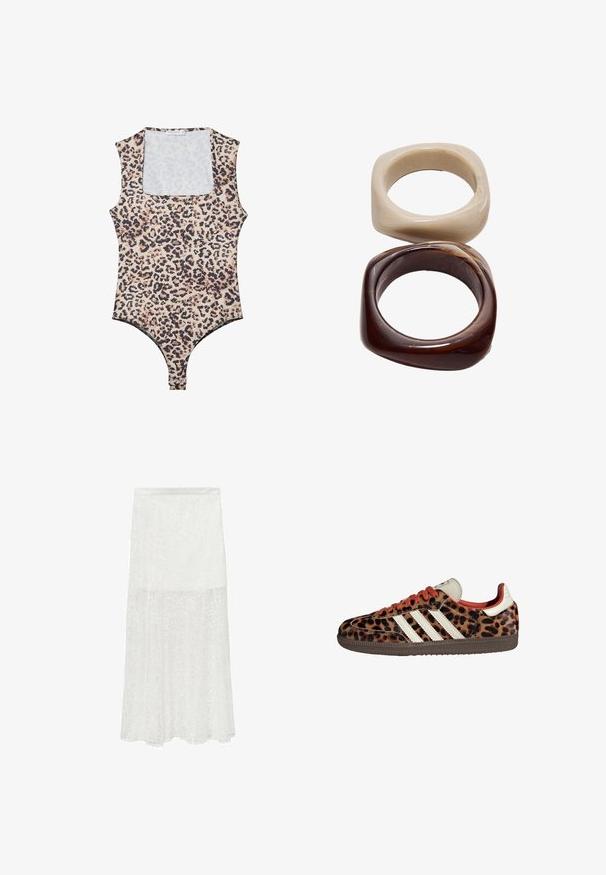 Body en imprimé léopard avec un col arrondi, sans manches, en tissu doux, et fermeture à pression en bas. La palette de couleurs comprend beige et noir.; Jupe maxi en dentelle blanche avec de subtils motifs floraux, texture semi-transparente et silhouette en A. Taille élastique pour plus de confort.; Baskets en imprimé léopard avec un matériau en suède, lacets rouges et trois rayures blanches sur le côté. Présente une languette de couleur crème et une semelle marron.; Stradivarius SET - Bracelet - dark brown
