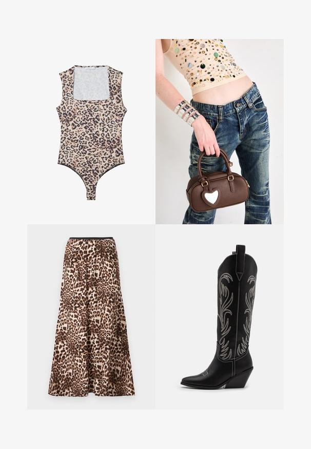 Bodysuit kuosi leopard dengan leher bulat, tanpa lengan, fabric lembut, dan penutupan snap di bagian bawah. Palet warna termasuk beige dan hitam.; Maxihame leopardkuvioissa, jossa on musta vyötärö, kelluva siluetti ja pehmeä kangas, jossa on vaihtelevia ruskean ja beigen sävyjä.; Mustat nahkasaappaat cowboy-tyyliin, joissa on terävät varpaat, viistot korot ja hopeiset brodeeratut kukkakuviot varressa. Eroava ompelu koko saappaassa.; Ruskea nahkalaukku sydämenmuotoisella korosteella, pyöristetty muotoilu, kultaiset yksityiskohdat, jota pidetään kädessä; yhdistettyinä kuluneisiin farkkuihin ja helmillä varustettuun toppiin.