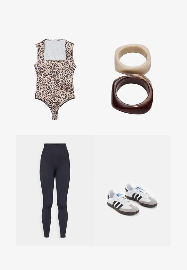 Bodysuit s leopardím potiskem, s kulatým výstřihem, bez rukávů, vyrobený z měkké látky a s patentkami na spodní části. Barevná paleta zahrnuje béžovou a černou.; Vysoké černé legíny vyrobené z elastického, hladkého materiálu. Nabízí přiléhavý střih a bezšvé okraje pro pohodlí a flexibilitu.; Sportovní boty s bílým koženým svrškem, šedou semišovou špičkou a třemi černými pruhy. Obsahují modré logo na jazyku a texturovanou gumovou podrážku.; Stradivarius SET - Náramek - dark brown